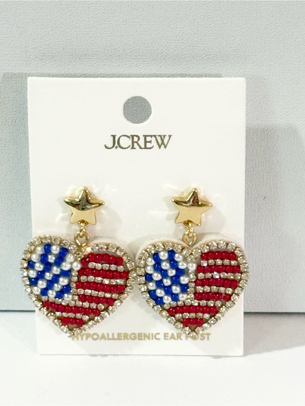 J. Crew Gold Star with Red & Blue Beaded Heart Drop Earrings